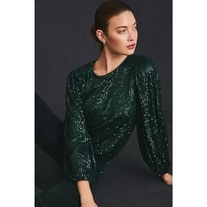 Anthropologie Flat White Sequin Top Women Green Preppy Holiday Retro Sz S NWT